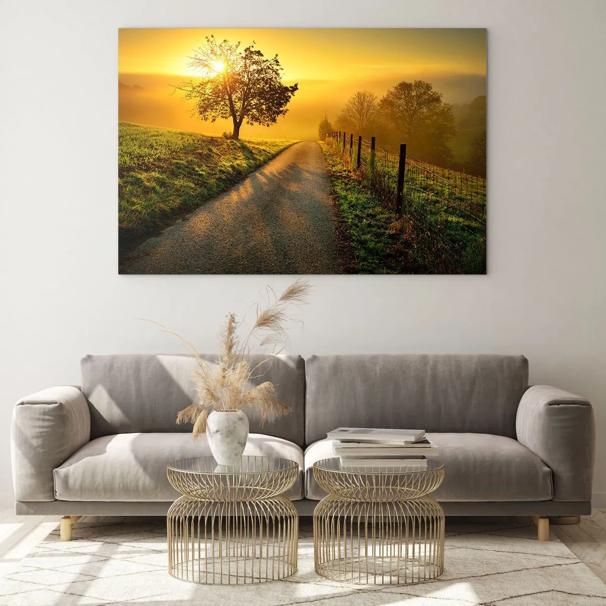Impression sur verre - Image sur verre - Une route à travers un paysage rural au coucher du soleil - 100x70cm - Après-midi de miel - Décoration murale moderne pour le salon et la chambre ARTTOR