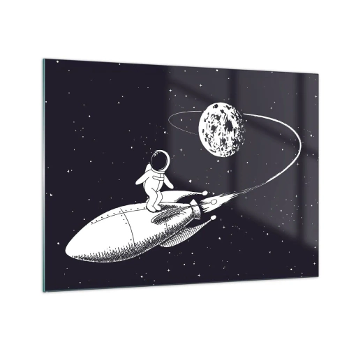 Impression sur verre - Image sur verre - Astronaute de dessin animé surfant dans l'espace sur une fusée - 70x50cm - Surfeur de l'espace - Décoration murale moderne pour le salon et la chambre ARTTOR