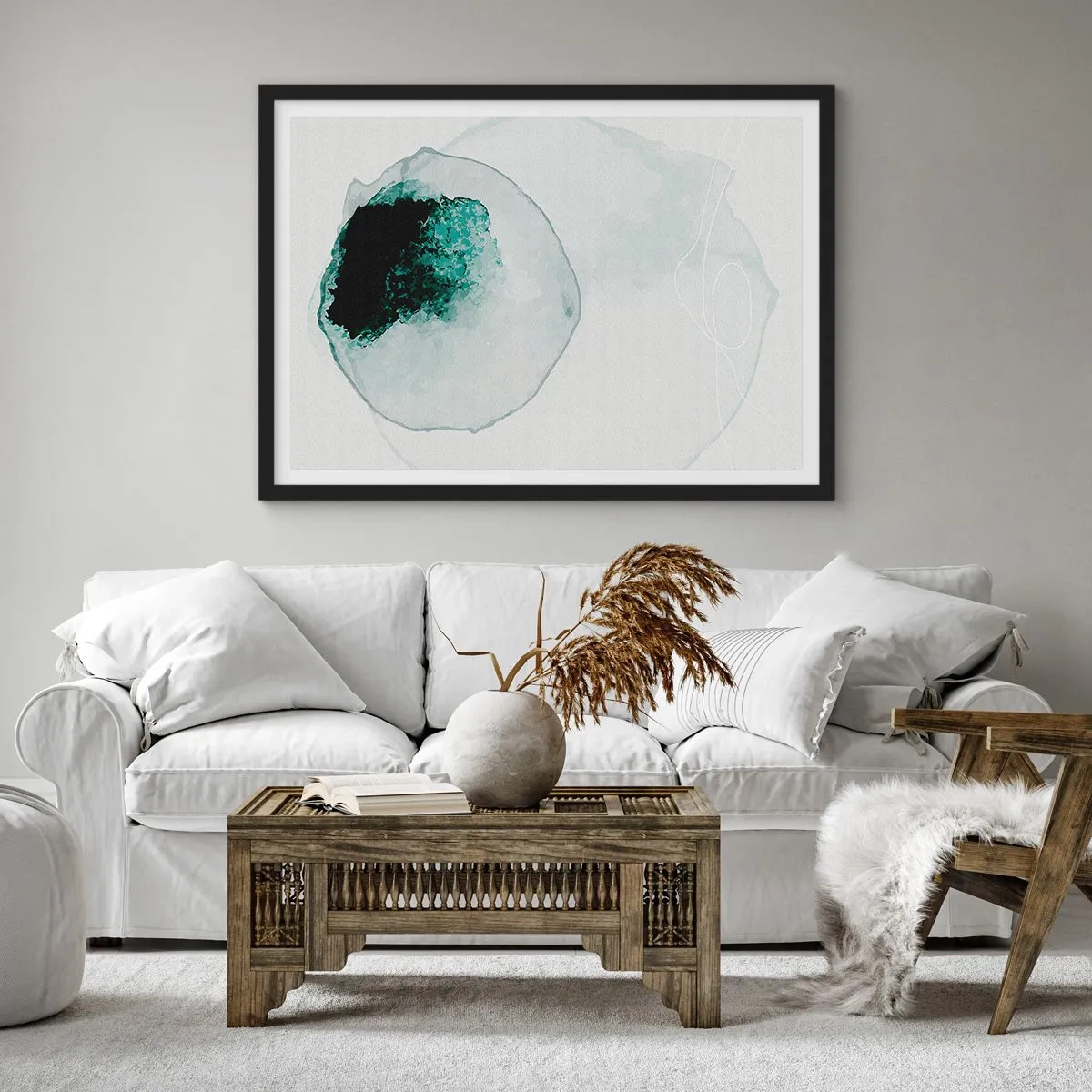 Affiche dans un cadre noir - Poster - Goutte d'eau abstraite avec des nuances de vert et de noir - 70x50cm - Dans une goutte d'eau - Décoration murale moderne pour le salon et la chambre ARTTOR