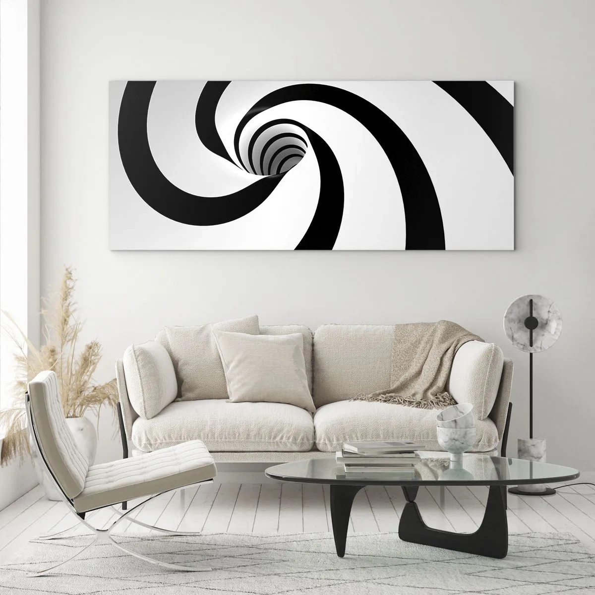 Impression sur verre - Image sur verre - Spirale abstraite noire et blanche avec un effet tourbillonnant - 160x50cm - Céder au vortex ? - Décoration murale moderne pour le salon et la chambre ARTTOR