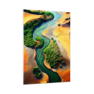 Impression sur verre - Image sur verre - Des oasis vertes et une rivière parmi des dunes oranges - 50x70cm - Rivière vivifiante - Décoration murale moderne pour le salon et la chambre ARTTOR