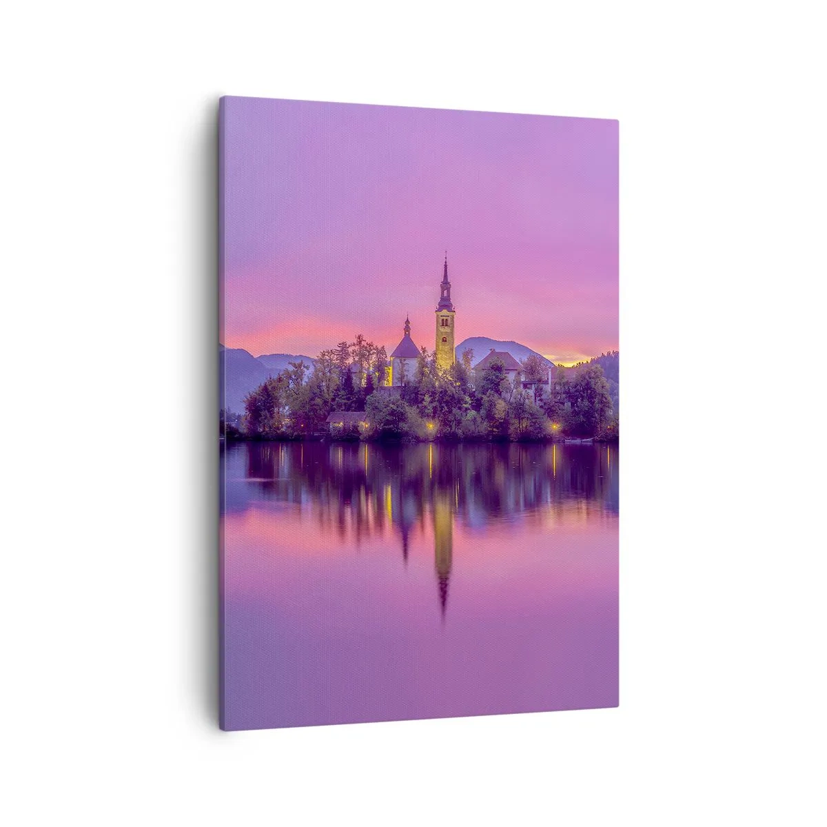 Impression sur toile - Image sur toile - Lac avec une île et une église au coucher du soleil - 50x70cm - Une île de conte de fées au crépuscule - Décoration murale moderne pour le salon et la chambre ARTTOR