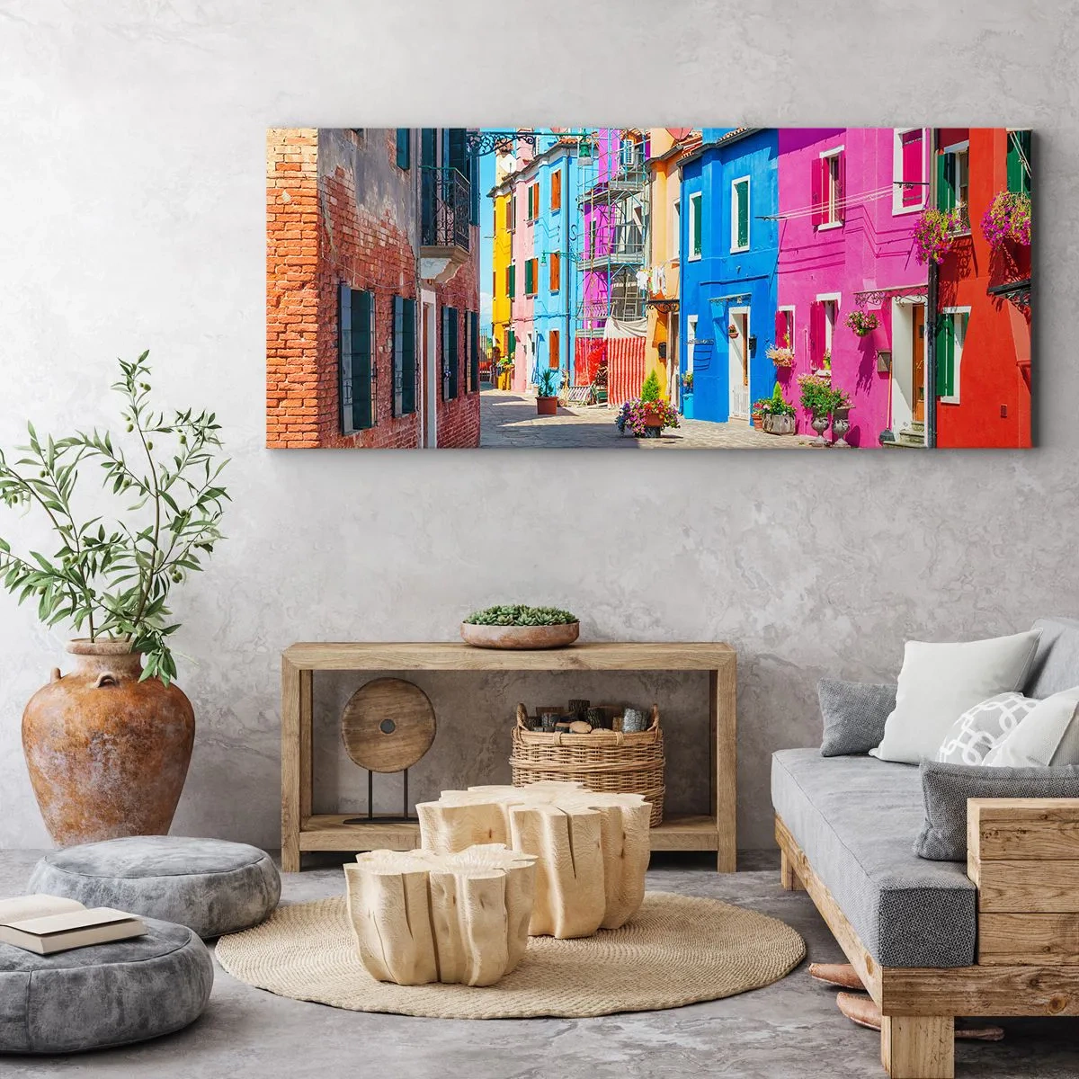Impression sur toile - Image sur toile - Bâtiments colorés dans une rue étroite de la ville - 160x50cm - Ville "Sous les perroquets" - Décoration murale moderne pour le salon et la chambre ARTTOR