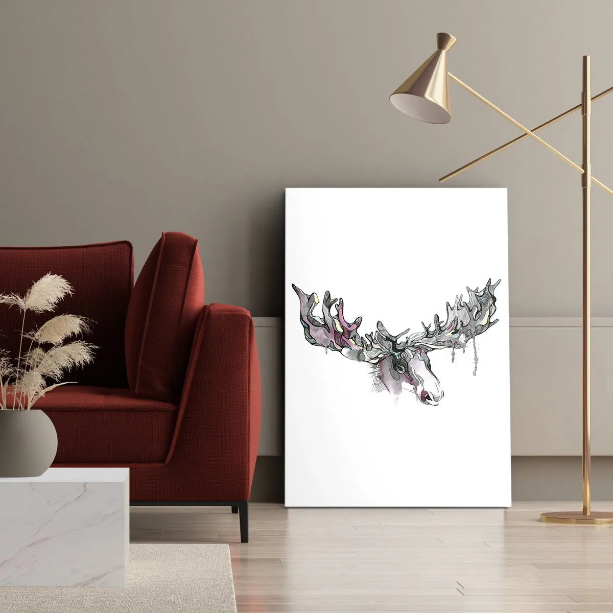 Impression sur toile - Image sur toile - Aquarelle artistique d'un élan aux bois riches - 50x70cm - Couronne du roi de la forêt - Décoration murale moderne pour le salon et la chambre ARTTOR
