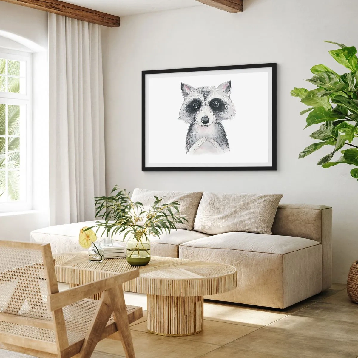 Affiche dans un cadre noir - Poster - Adorable portrait d'un raton laveur sur fond blanc - 100x70cm - Un moment pour s'émouvoir - Décoration murale moderne pour le salon et la chambre ARTTOR