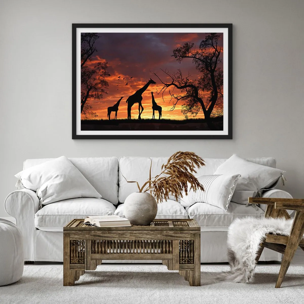 Affiche dans un cadre noir - Poster - Silhouettes de girafes sur fond de coucher de soleil africain - 100x70cm - Un petit dîner avec vos proches - Décoration murale moderne pour le salon et la chambre ARTTOR