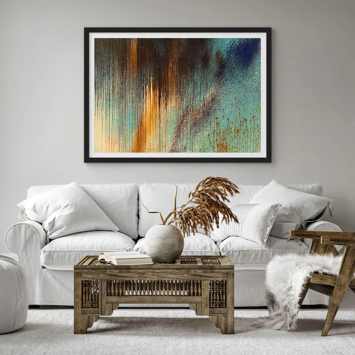 Affiche dans un cadre noir - Poster - Une composition abstraite de couleurs dans des tons d'or, de marron et de bleu. - 70x50cm - Une composition de couleirs non fortuite - Décoration murale moderne pour le salon et la chambre ARTTOR
