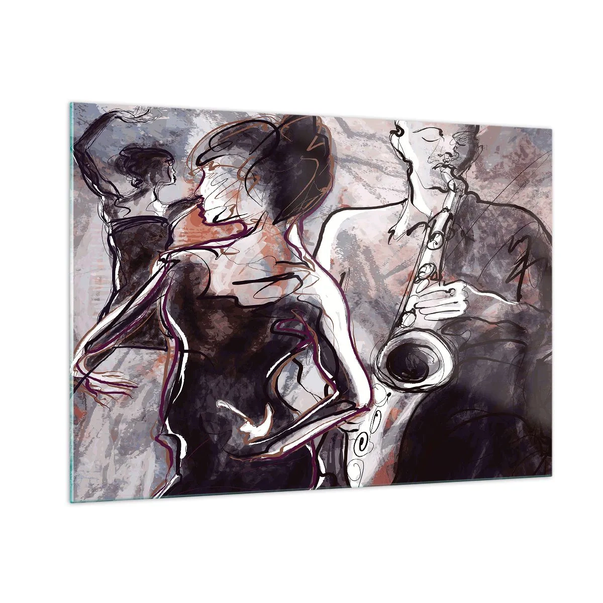 Impression sur verre - Image sur verre - Des danseurs et un saxophoniste dans un style de croquis artistique - 100x70cm - Ne faire qu'un avec la musique - Décoration murale moderne pour le salon et la chambre ARTTOR