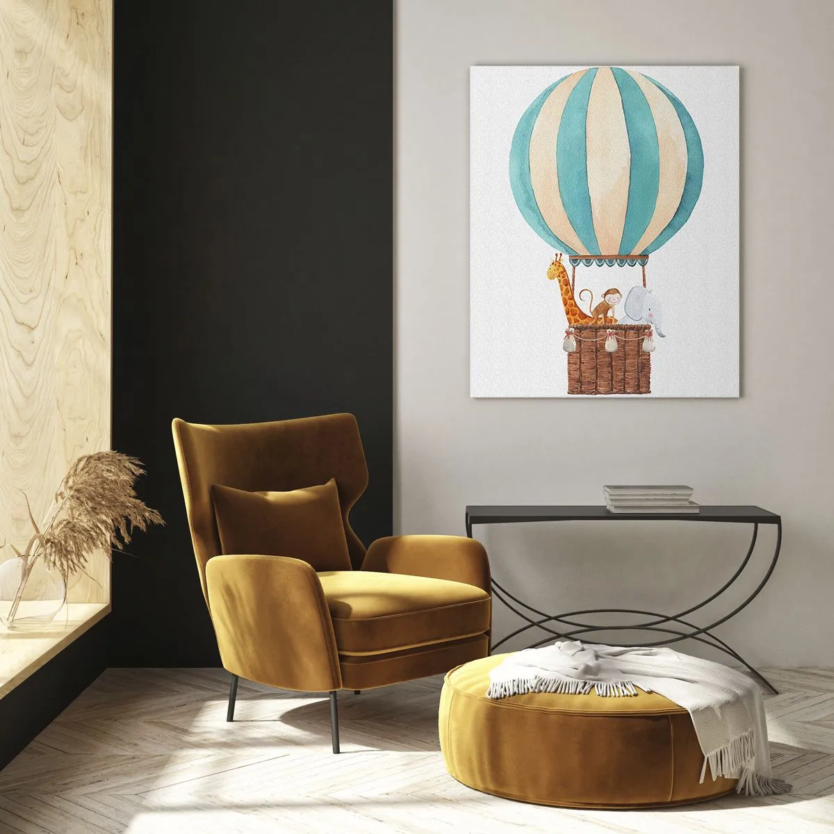 Impression sur verre - Image sur verre - Un ballon avec une girafe, un singe et un éléphant sur fond blanc - 50x70cm - Voyage fantastique - Décoration murale moderne pour le salon et la chambre ARTTOR