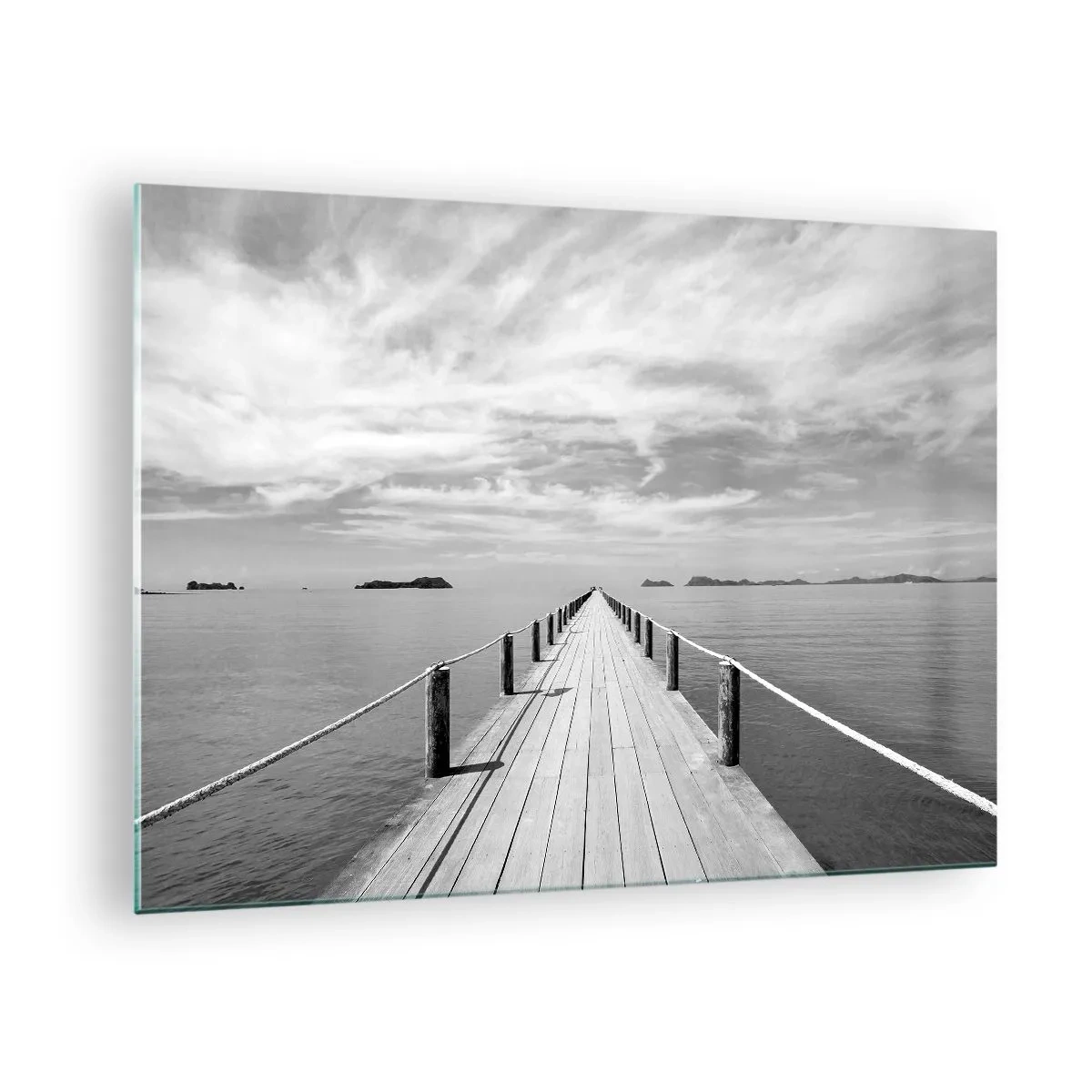 Impression sur verre - Image sur verre - Une jetée en bois menant au loin à travers une mer calme - 70x50cm - Et peut-être un voyage... - Décoration murale moderne pour le salon et la chambre ARTTOR