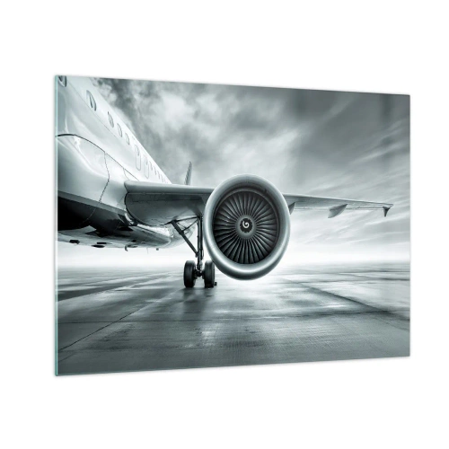 Impression sur verre - Image sur verre - La turbine d'un avion de ligne sur la piste à l'aube - 70x50cm - Sent la force! - Décoration murale moderne pour le salon et la chambre ARTTOR