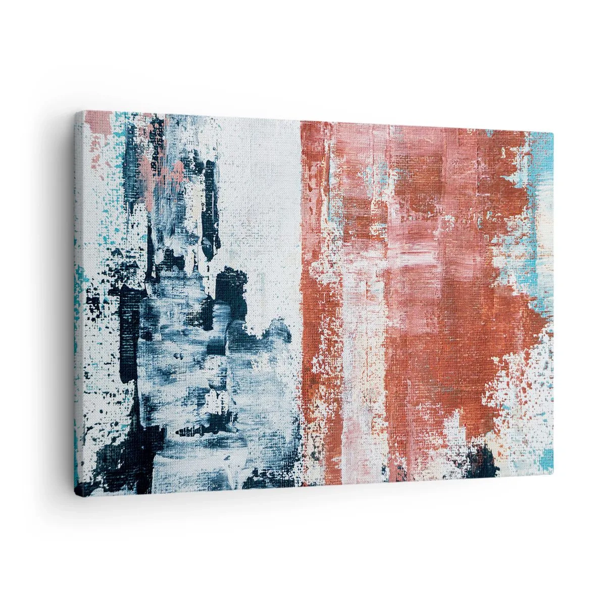 Impression sur toile - Image sur toile - Abstraction aux couleurs blanc, bleu et brique - 70x50cm - Moitié-moitié abstrait - Décoration murale moderne pour le salon et la chambre ARTTOR
