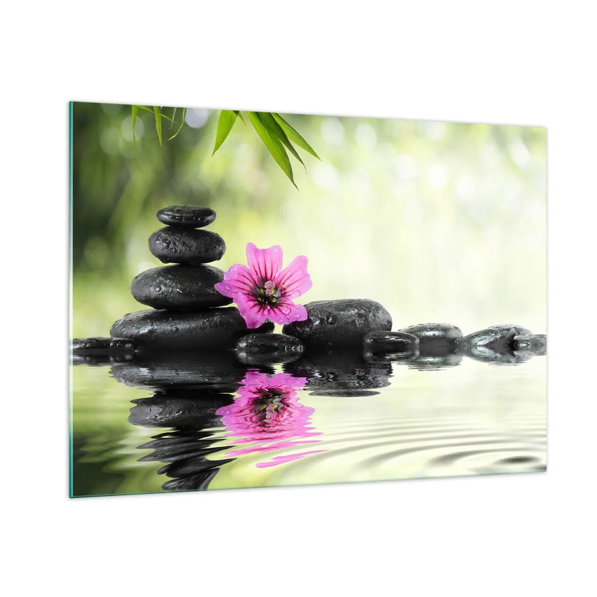 Impression sur verre - Image sur verre - Pierres noires et une fleur rose sur fond de nature - 100x70cm - Temps pour l'âme - Décoration murale moderne pour le salon et la chambre ARTTOR