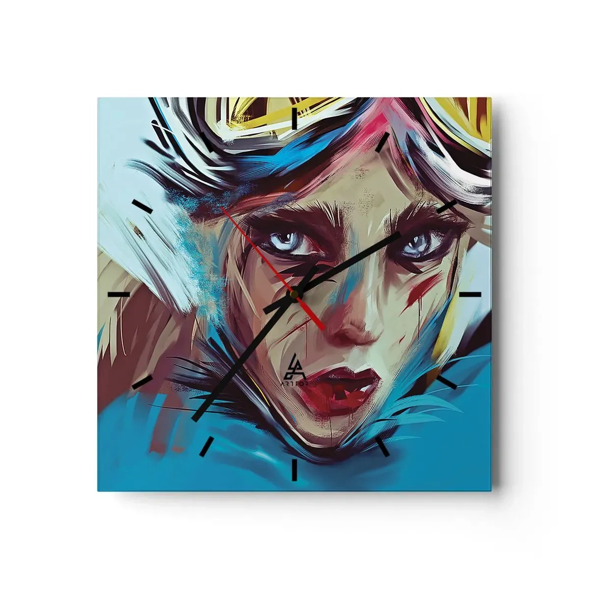 Horloge murale - Pendule murale - Portrait d'une femme aux couleurs dynamiques et au style abstrait - 30x30cm - Guerrière errante - Décoration murale moderne pour le salon et la chambre ARTTOR