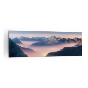 Impression sur toile - Image sur toile - Un paysage de montagne avec une vallée remplie de brouillard - 160x50cm - Lumière dans les vallées - Décoration murale moderne pour le salon et la chambre ARTTOR