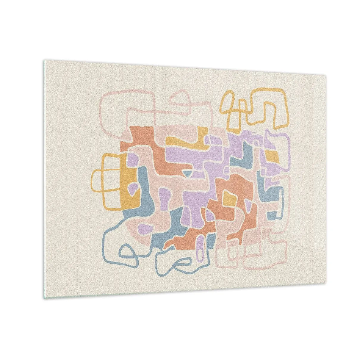 Impression sur verre - Image sur verre - Un labyrinthe coloré de lignes sur un fond crème - 70x50cm - Labyrinthe – une aventure joyeuse - Décoration murale moderne pour le salon et la chambre ARTTOR