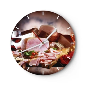Horloge murale - Pendule murale - Arrangement de charcuterie et de viande avec un verre de vin - 30x30cm - Un rêve culinaire avec une carafe - Décoration murale moderne pour le salon, la cuisine et la chambre ARTTOR