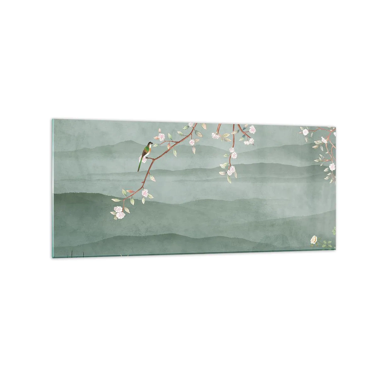 Impression sur verre - Image sur verre - Une image pittoresque d'une branche d'arbre en fleurs avec des oiseaux sur fond de collines verdoyantes. - 120x50cm - Printemps oh c'est toi - Décoration murale moderne pour le salon et la chambre ARTTOR