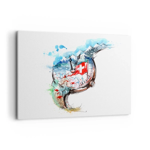Impression sur toile - Image sur toile - Un paysage aquarelle de la Suisse dans un design d'horlogerie - 100x70cm - L'esprit de la Suisse - Décoration murale moderne pour le salon et la chambre ARTTOR