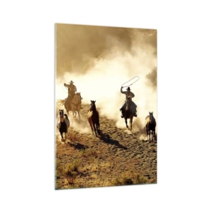 Impression sur verre - Image sur verre - Cowboys à cheval en action sur un terrain désertique - 70x100cm - L'ouest vraiment sauvage - Décoration murale moderne pour le salon et la chambre ARTTOR
