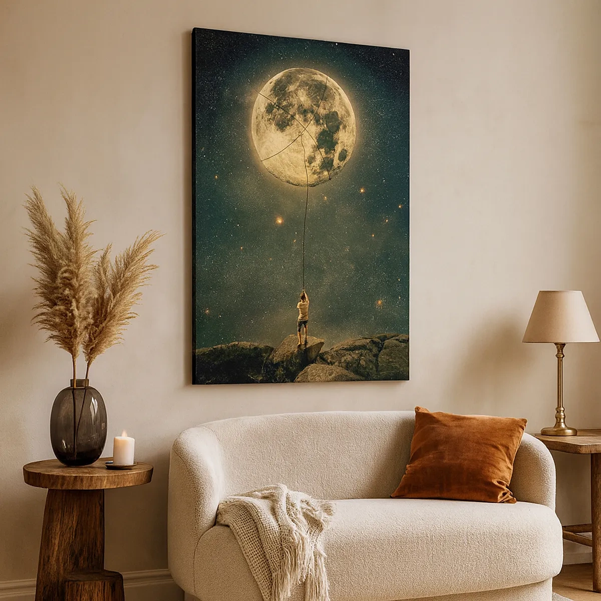 Impression sur toile - Image sur toile - L'homme avec la lune contre le ciel étoilé - 50x70cm - Celui qui a volé la lune - Décoration murale moderne pour le salon et la chambre ARTTOR