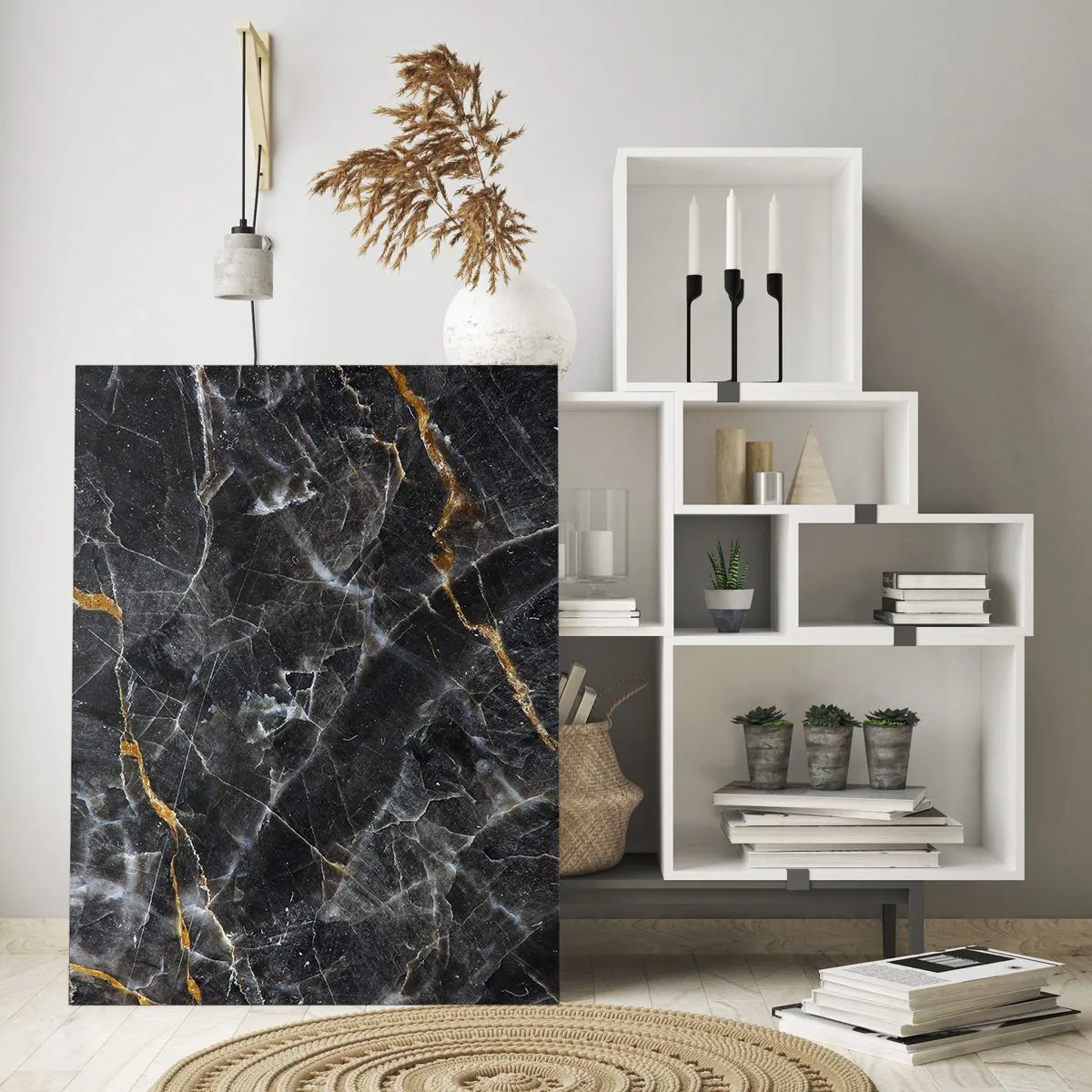 Impression sur verre - Image sur verre - Détails noirs et dorés de la surface en marbre - 70x100cm - La vie intérieure de la pierre - Décoration murale moderne pour le salon et la chambre ARTTOR