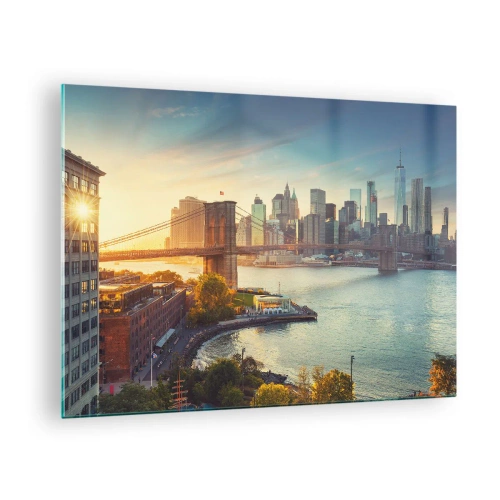 Impression sur verre - Image sur verre - Panorama de New York avec le pont de Brooklyn - 70x50cm - L'aube de la grande ville - Décoration murale moderne pour le salon et la chambre ARTTOR