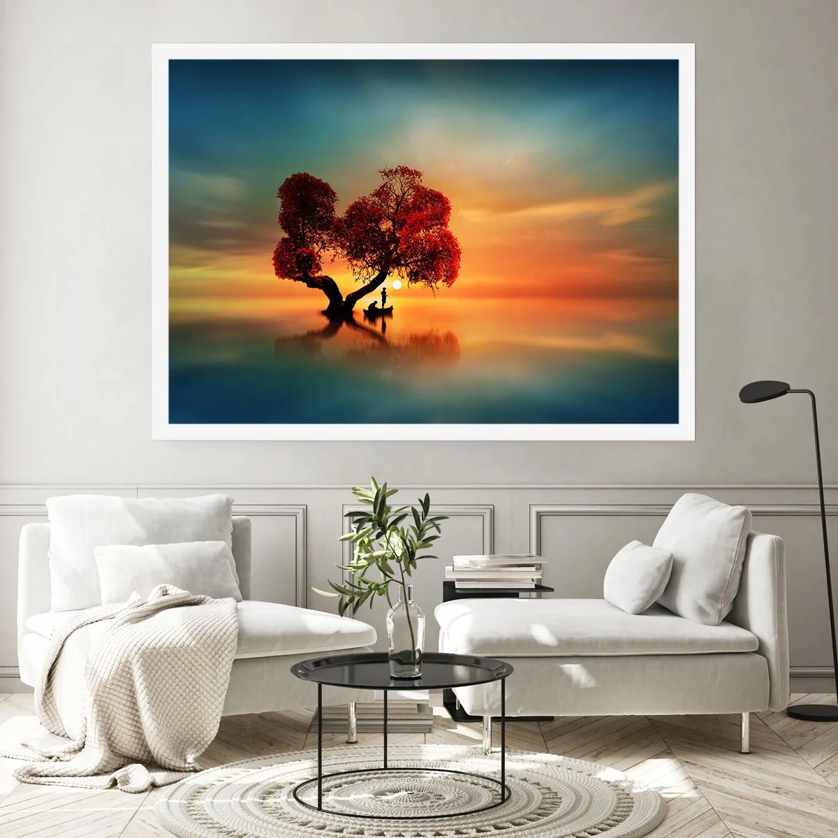 Affiche - Poster - Un arbre à feuilles rouges et un bateau sur l'eau au coucher du soleil - 100x70cm - Plénitude et éloignement sans monde - Décoration murale moderne pour le salon et la chambre ARTTOR