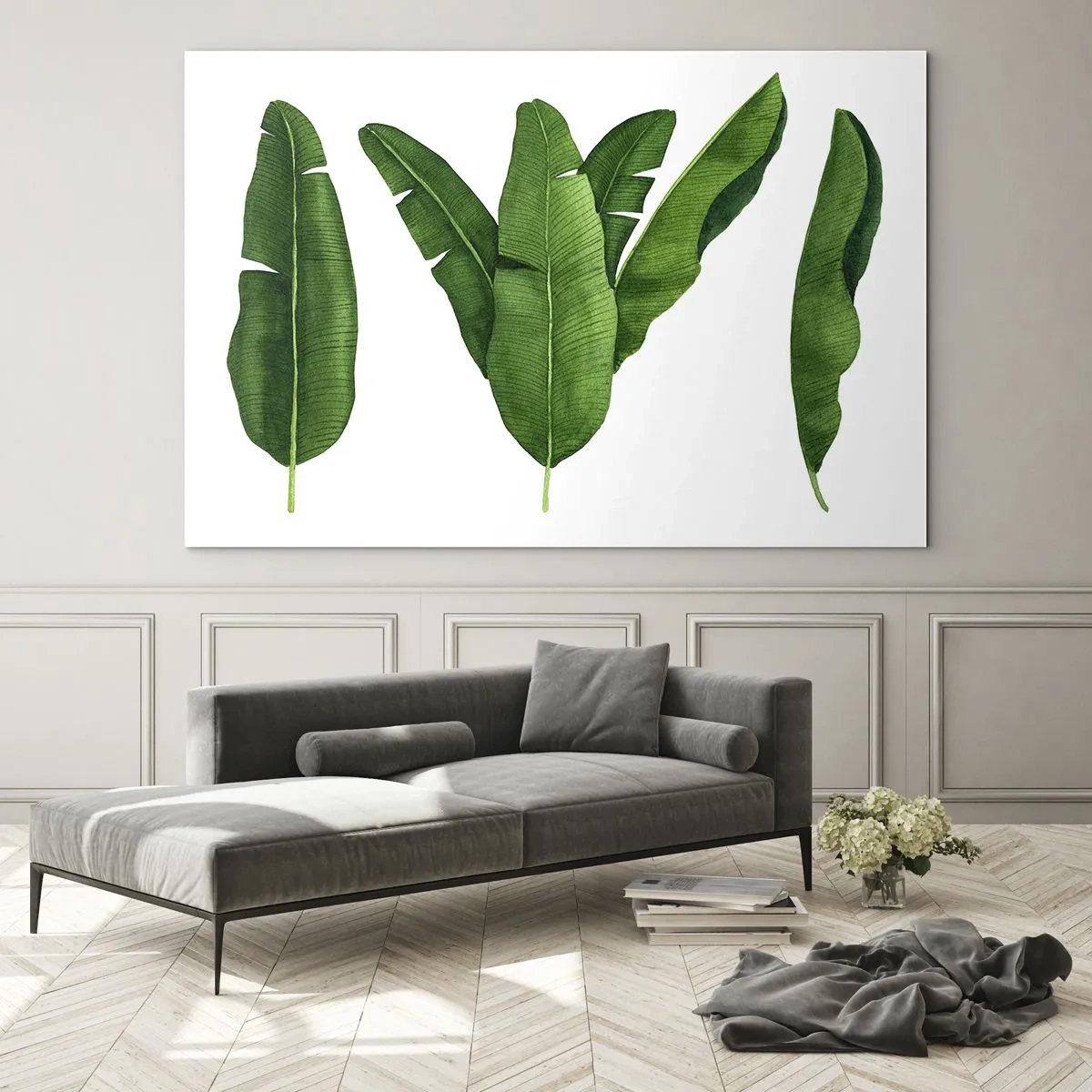 Impression sur verre - Image sur verre - Quatre feuilles de bananier vertes sur fond blanc - 70x50cm - Symétrie verte - Décoration murale moderne pour le salon et la chambre ARTTOR