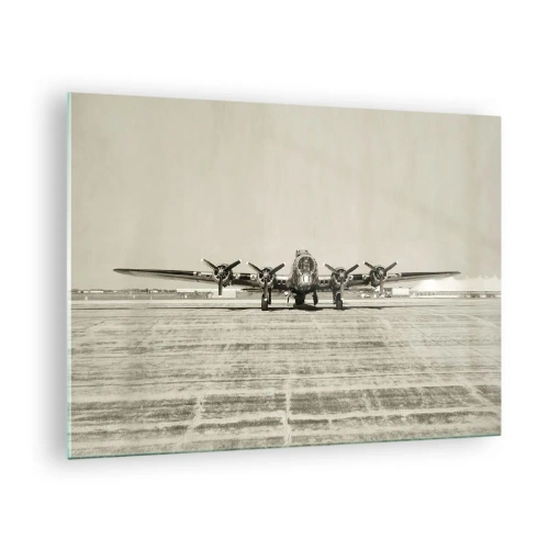 Impression sur verre - Image sur verre - Avion historique à l'aéroport en style sépia - 70x50cm - Toujours prêt! - Décoration murale moderne pour le salon et la chambre ARTTOR