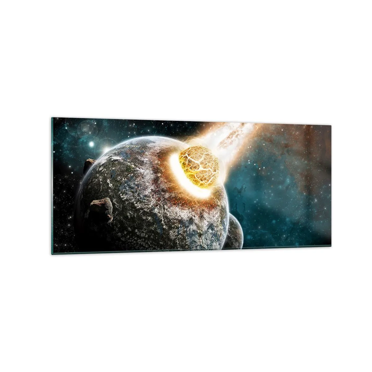 Impression sur verre - Image sur verre - Collision cosmique d'une planète avec un astéroïde à proximité de la galaxie. - 120x50cm - Destruction ou naissance? - Décoration murale moderne pour le salon et la chambre ARTTOR