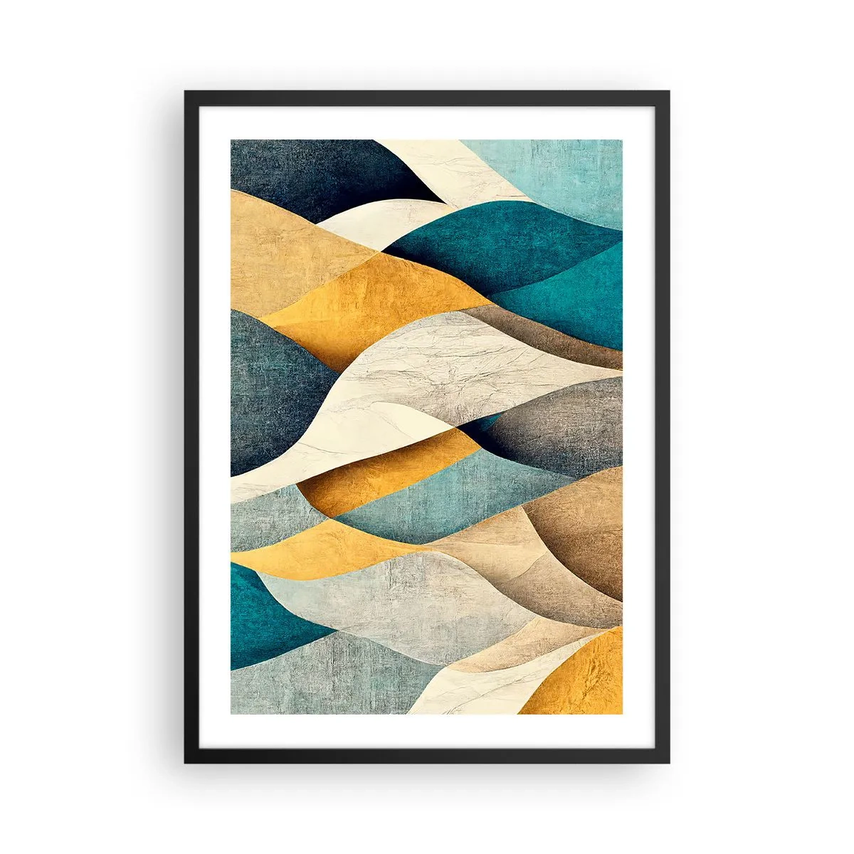 Affiche dans un cadre noir - Poster - Une composition abstraite de formes ondulées aux couleurs dorées et bleues. - 50x70cm - Rythme et vague - Décoration murale moderne pour le salon et la chambre ARTTOR