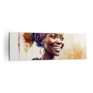 Impression sur toile - Image sur toile - Portrait d'une femme souriante dans un foulard coloré à l'aquarelle - 160x50cm - reine africaine - Décoration murale moderne pour le salon et la chambre ARTTOR