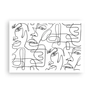 Affiche - Poster - Un dessin minimaliste d'un visage avec des lignes sur un fond clair. - 100x70cm - Dans des émotions enchevêtrées - Décoration murale moderne pour le salon et la chambre ARTTOR