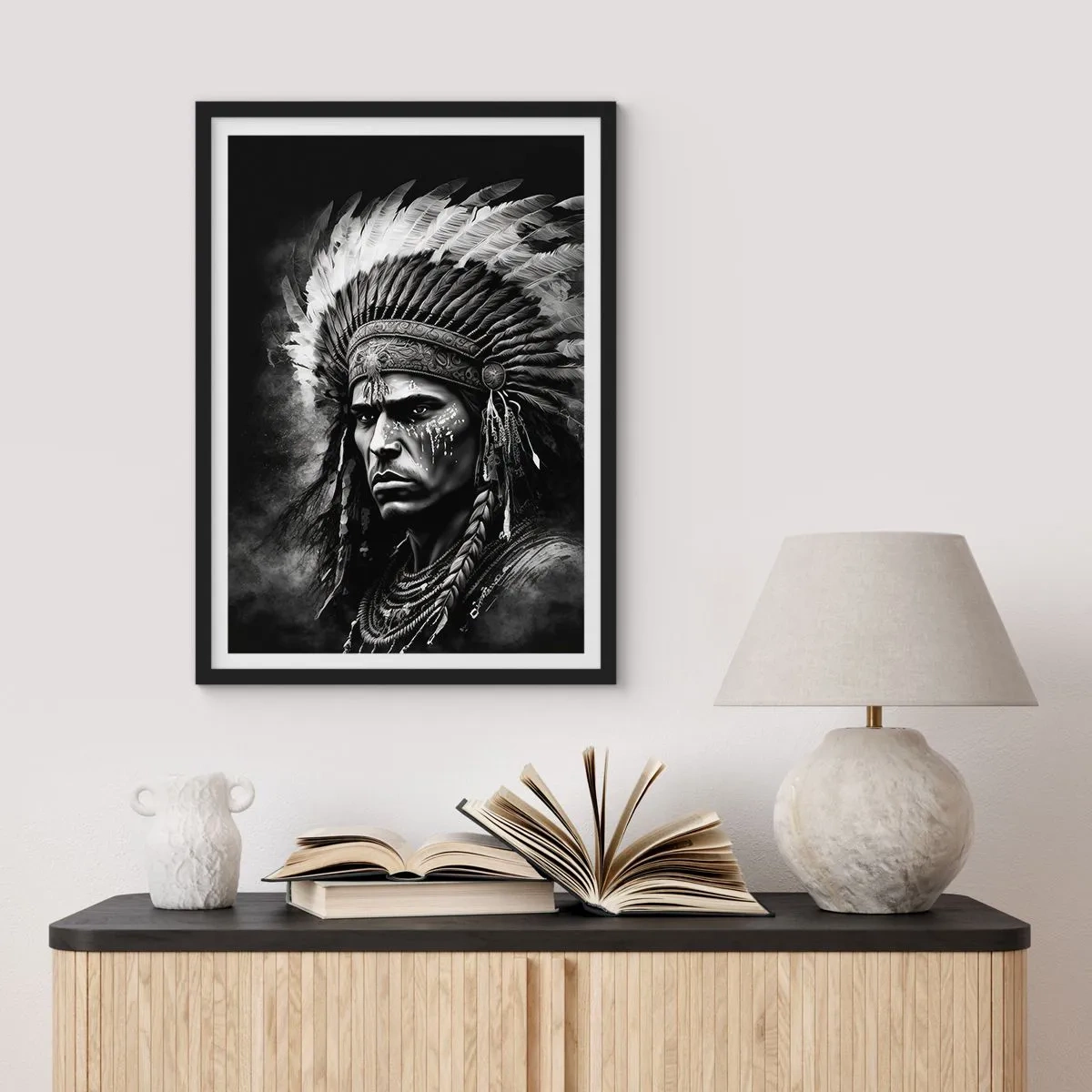 Affiche dans un cadre noir - Poster - Portrait d'un guerrier portant une coiffe de plumes traditionnelle - 50x70cm - Un leader et un guerrier - Décoration murale moderne pour le salon et la chambre ARTTOR