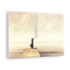 Impression sur verre - Image sur verre - Femme sur une jetée avec une échelle menant au paradis - 70x50cm - Voyage magique - Décoration murale moderne pour le salon et la chambre ARTTOR
