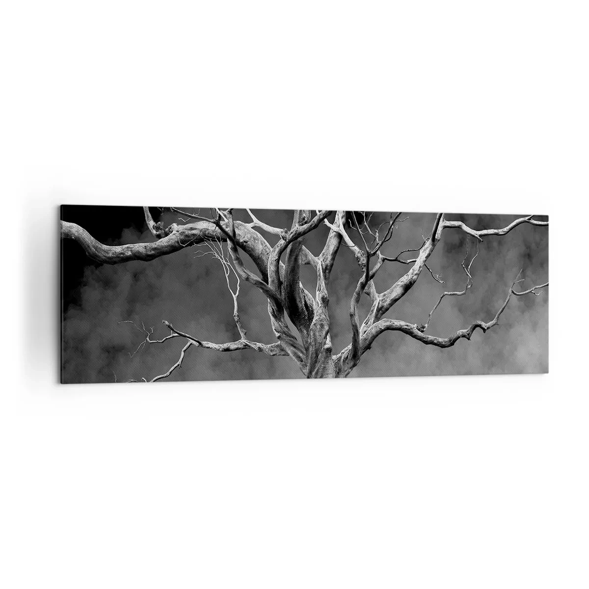 Impression sur toile - Image sur toile - Un arbre sec en noir et blanc contre le brouillard - 160x50cm - Primordial et sacré - Décoration murale moderne pour le salon et la chambre ARTTOR