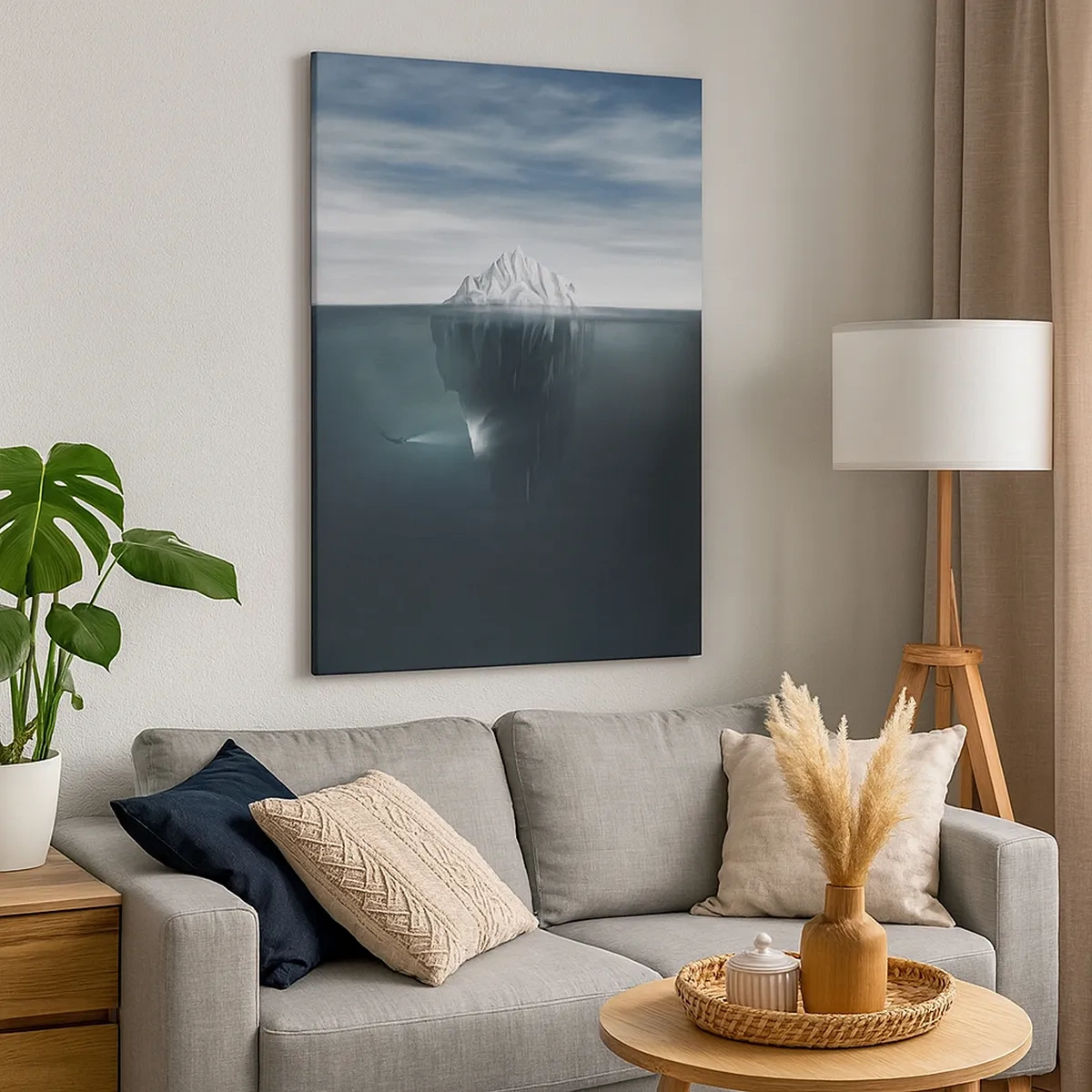 Impression sur toile - Image sur toile - Un iceberg dans l'eau avec un plongeur et un projecteur sous la surface. - 50x70cm - Mystère sous-marin - Décoration murale moderne pour le salon et la chambre ARTTOR