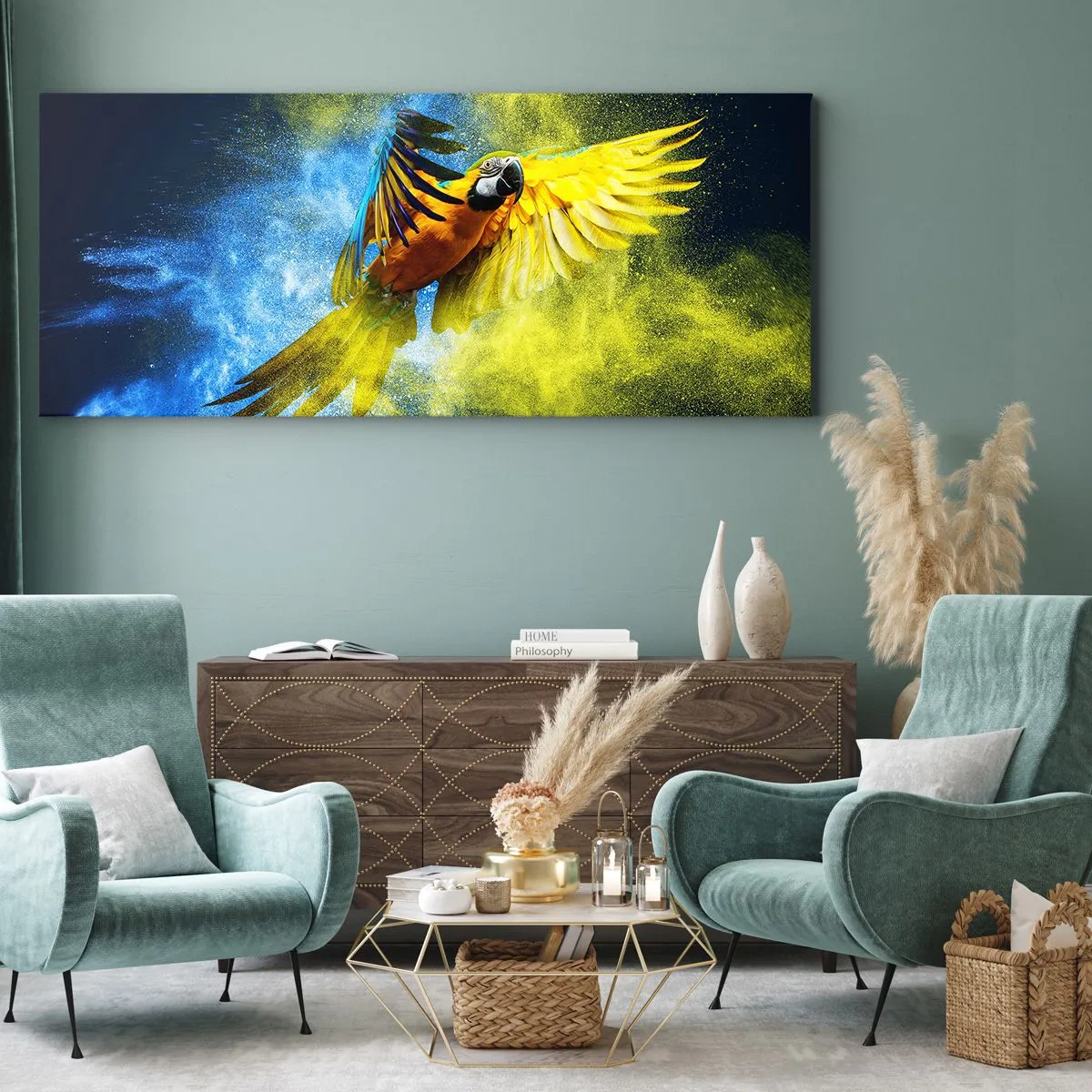 Impression sur toile - Image sur toile - Dans la poussière bleue et dorée - 90x30 cm