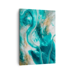 Impression sur toile - Image sur toile - Abstraction turquoise avec des accents blancs et dorés - 50x70cm - Rivière d'or - Décoration murale moderne pour le salon et la chambre ARTTOR