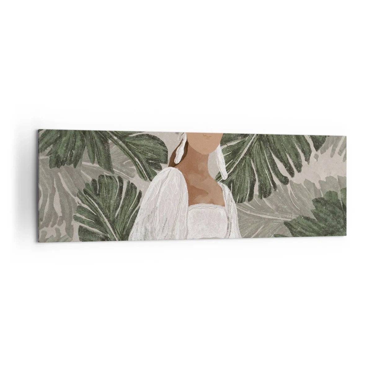 Impression sur toile - Image sur toile - Portrait d'une femme en robe blanche sur fond de feuilles de monstera - 160x50cm - Portrait exotique - Décoration murale moderne pour le salon et la chambre ARTTOR