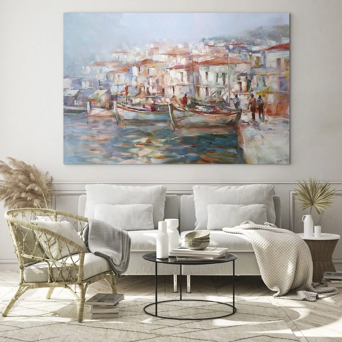 Impression sur verre - Image sur verre - Un port pittoresque avec des bateaux aux couleurs pastel - 100x70cm - Vacances pastelles - Décoration murale moderne pour le salon et la chambre ARTTOR