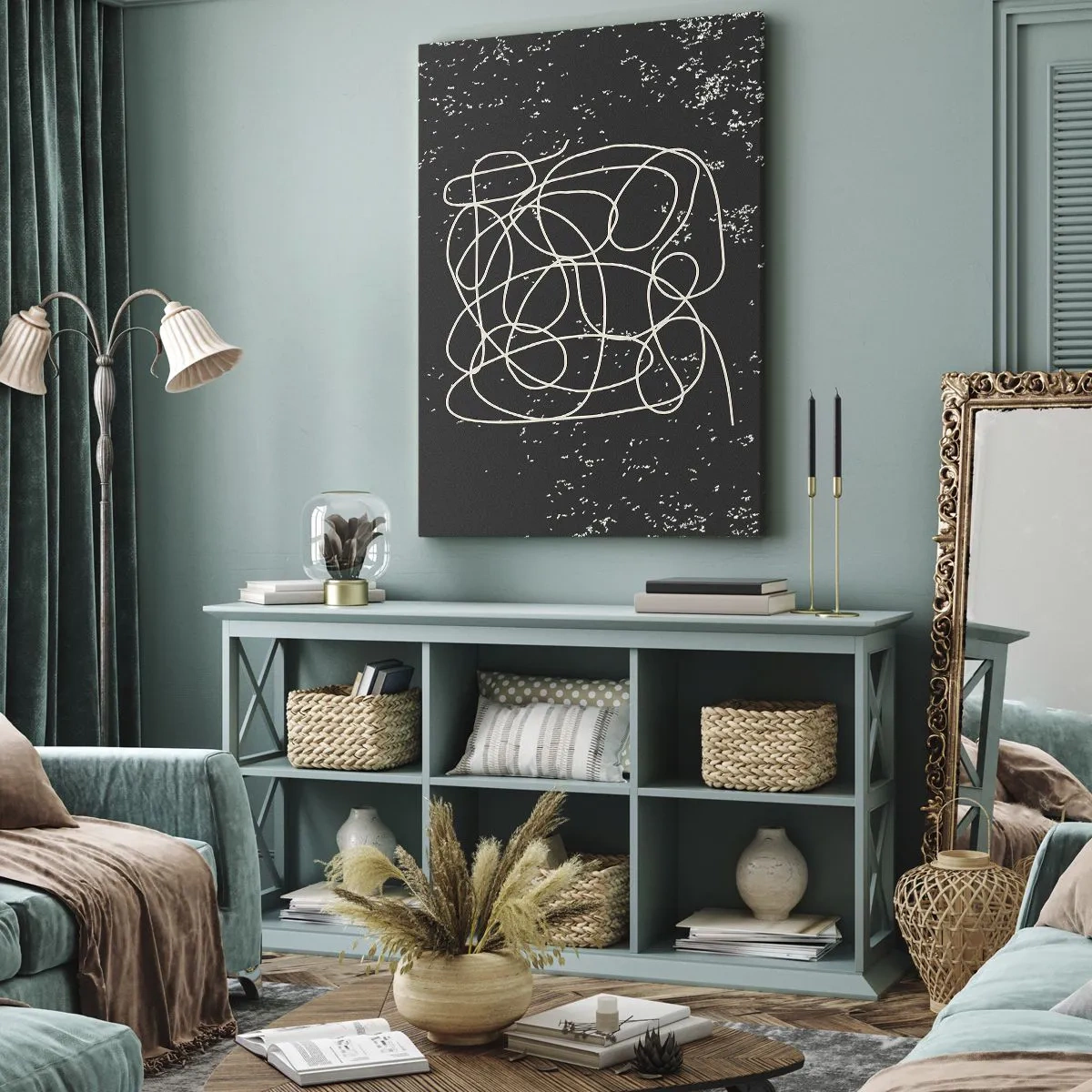 Impression sur toile - Image sur toile - Ligne abstraite sur fond noir avec des détails fins - 50x70cm - Errance des pensées - Décoration murale moderne pour le salon et la chambre ARTTOR