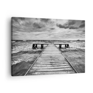 Impression sur toile - Image sur toile - Une vue en noir et blanc d'une jetée en bois sur une mer agitée. - 70x50cm - J'attends que le vent, ça le chassera... - Décoration murale moderne pour le salon et la chambre ARTTOR