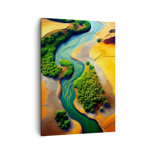 Impression sur toile - Image sur toile - Une rivière verte entourée de sable doré et de végétation - 50x70cm - Rivière vivifiante - Décoration murale moderne pour le salon et la chambre ARTTOR