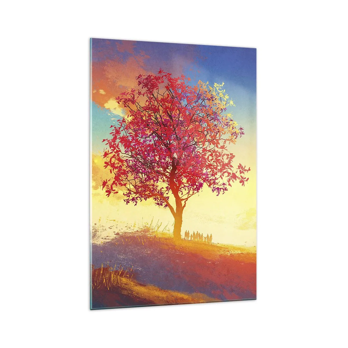 Impression sur verre - Image sur verre - Une silhouette sur une colline à côté d'un arbre coloré à la lumière du soleil couchant - 70x100cm - Pèlerin à destination - Décoration murale moderne pour le salon et la chambre ARTTOR