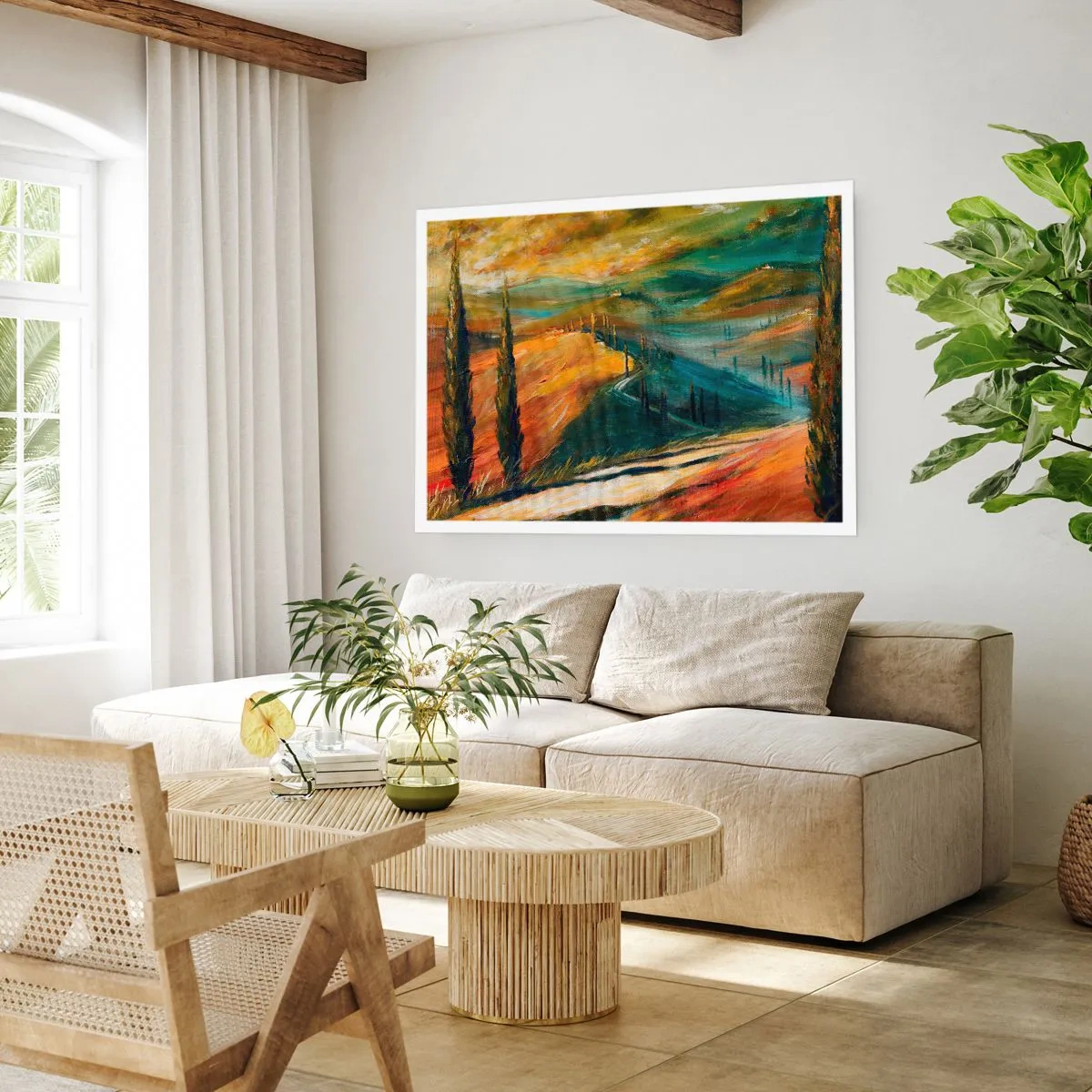 Affiche - Poster - Paysage toscan avec champs, route et cyprès - 100x70cm - paysage toscan - Décoration murale moderne pour le salon et la chambre ARTTOR