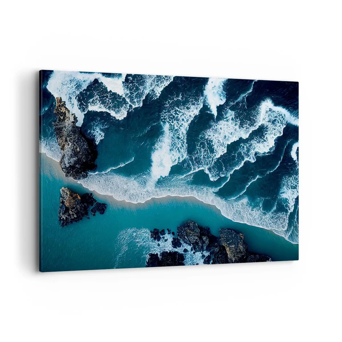 Impression sur toile - Image sur toile - Vue aérienne des vagues s'écrasant sur le rivage - 120x80cm - Enveloppé par les vagues - Décoration murale moderne pour le salon et la chambre ARTTOR