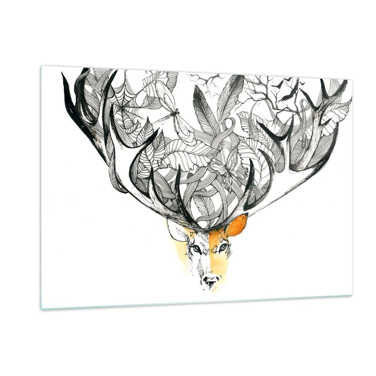 Impression sur verre - Image sur verre - Dessin d'un cerf avec des bois fantaisie - 120x80cm - Corne d'abondance - Décoration murale moderne pour le salon et la chambre ARTTOR