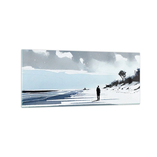 Impression sur verre - Image sur verre - Une silhouette solitaire marchant sur une plage déserte - 120x50cm - Seul à seul - Décoration murale moderne pour le salon et la chambre ARTTOR